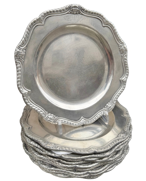 12 tinntallerkner / English pewter plates, George Stafford