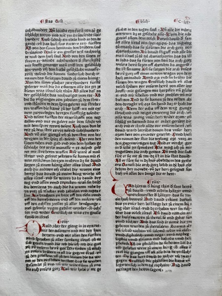 Bibelark fra "Sensenscmidtbibelen" 1476 / 1 page from the Sensenschmidt bible