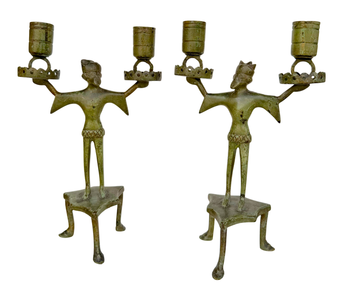 A pair of 15th Century style / Late Medieval Period German Antique Bronze "Bearded Man" Two Branch Candleholder / Candelabrum*
